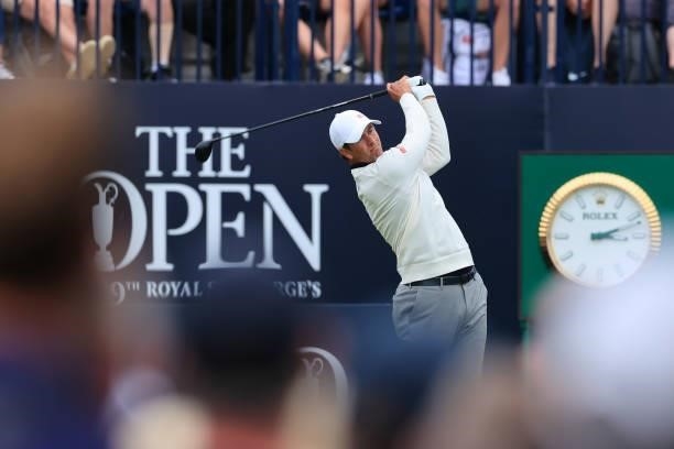 Adam Scott of Australia tees off on the 1st hole during Day One of The 149th Open at Royal St George’s Golf Club on July 15, 2021 in Sandwich,...