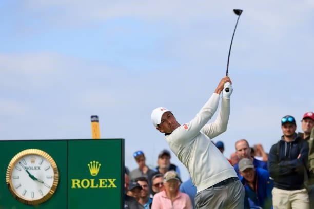 Adam Scott of Australia plays his shot from the fourth tee during Day One of The 149th Open at Royal St George’s Golf Club on July 15, 2021 in...
