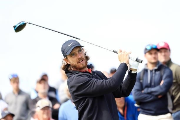 Tommy Fleetwood of England plays his shot from the fourth tee during Day One of The 149th Open at Royal St George’s Golf Club on July 15, 2021 in...