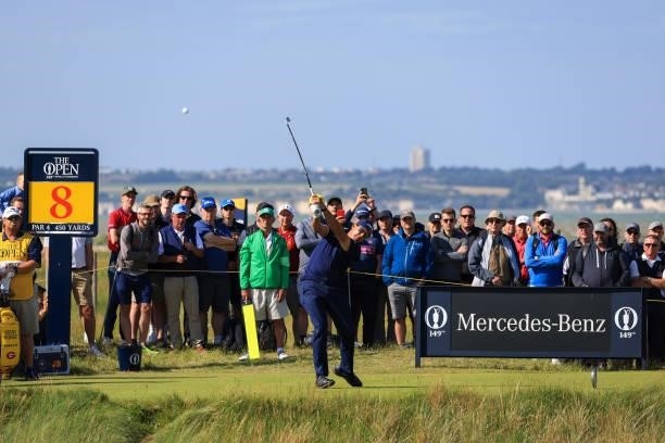 Phil Mickelson of the United States plays his shot from the eighth tee during Day One of The 149th Open at Royal St George’s Golf Club on July 15,...