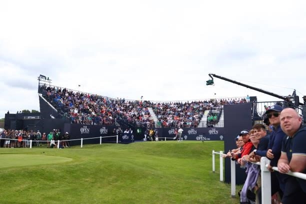 Fans watch on at the 1st tee during Day One of The 149th Open at Royal St George’s Golf Club on July 15, 2021 in Sandwich, England.