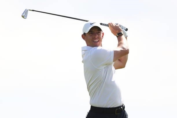 Rory McIlroy of Northern Ireland tees off on the 5th hole during Day One of The 149th Open at Royal St George’s Golf Club on July 15, 2021 in...