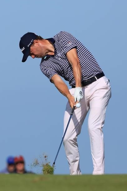 Justin Thomas of United States plays his second shot on the 8th hole during Day One of The 149th Open at Royal St George’s Golf Club on July 15, 2021...