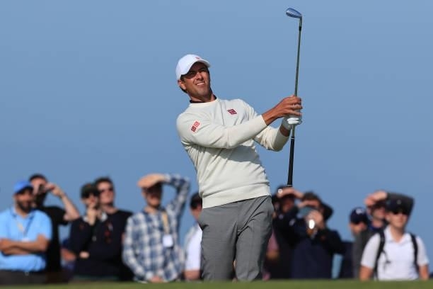 Adam Scott of Australia plays his second shot on the 8th hole during Day One of The 149th Open at Royal St George’s Golf Club on July 15, 2021 in...