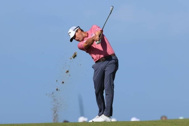 Kevin Kisner of The United States plays his second shot on the 8th hole during Day One of The 149th Open at Royal St George’s Golf Club on July 15,...