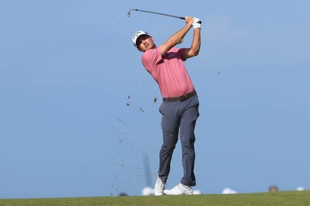 Kevin Kisner of The United States plays his second shot on the 8th hole during Day One of The 149th Open at Royal St George’s Golf Club on July 15,...