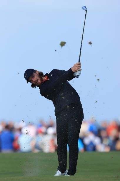 Tommy Fleetwood of England plays his second shot on the 8th hole during Day One of The 149th Open at Royal St George’s Golf Club on July 15, 2021 in...
