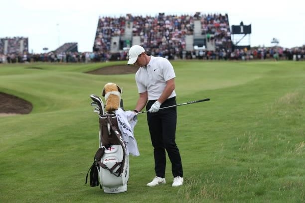 Rory McIlroy of Northern Ireland looks on on the 2nd hole during Day One of The 149th Open at Royal St George’s Golf Club on July 15, 2021 in...