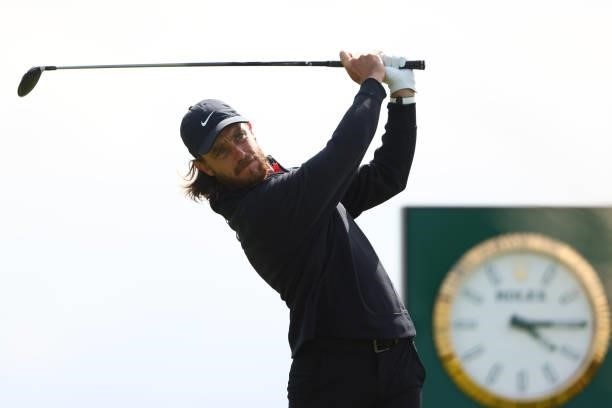Tommy Fleetwood of England tees off on the 5th hole during Day One of The 149th Open at Royal St George’s Golf Club on July 15, 2021 in Sandwich,...
