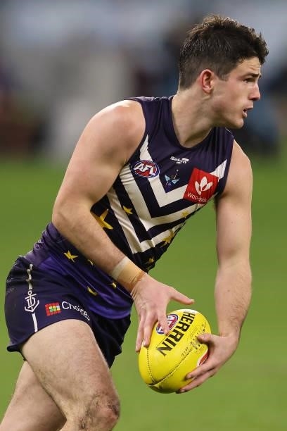 Andrew Brayshaw of the Dockers in action during the round 18 AFL match between the Fremantle Dockers and Geelong Cats at Optus Stadium on July 15,...