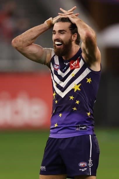 Alex Pearce of the Dockers reacts during the round 18 AFL match between the Fremantle Dockers and Geelong Cats at Optus Stadium on July 15, 2021 in...