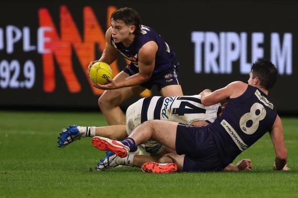 Caleb Serong of the Dockers in action during the round 18 AFL match between the Fremantle Dockers and Geelong Cats at Optus Stadium on July 15, 2021...