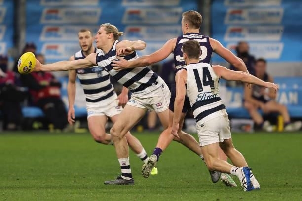 Mark Blicavs of the Cats in action during the round 18 AFL match between the Fremantle Dockers and Geelong Cats at Optus Stadium on July 15, 2021 in...