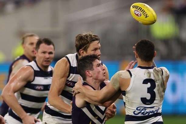 Andrew Brayshaw of the Dockers contests for the ball during the round 18 AFL match between the Fremantle Dockers and Geelong Cats at Optus Stadium on...