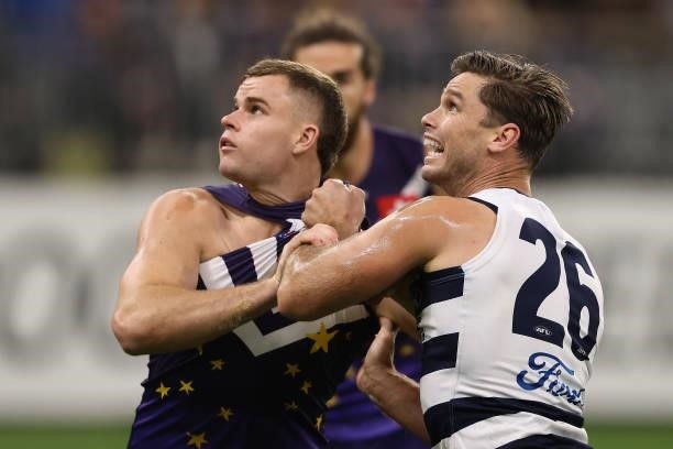 Sean Darcy of the Dockers and Tom Hawkins of the Cats contest the ruck during the round 18 AFL match between the Fremantle Dockers and Geelong Cats...