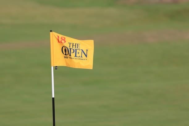 Detailed view of the flag on the 18th green is seen during Day One of The 149th Open at Royal St George’s Golf Club on July 15, 2021 in Sandwich,...