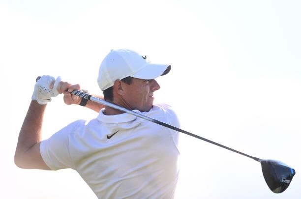 Rory McIlroy of Northern Ireland tees off on the 5th hole during Day One of The 149th Open at Royal St George’s Golf Club on July 15, 2021 in...