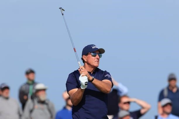 Phil Mickelson of the United States plays his second shot on the 8th hole during Day One of The 149th Open at Royal St George’s Golf Club on July 15,...