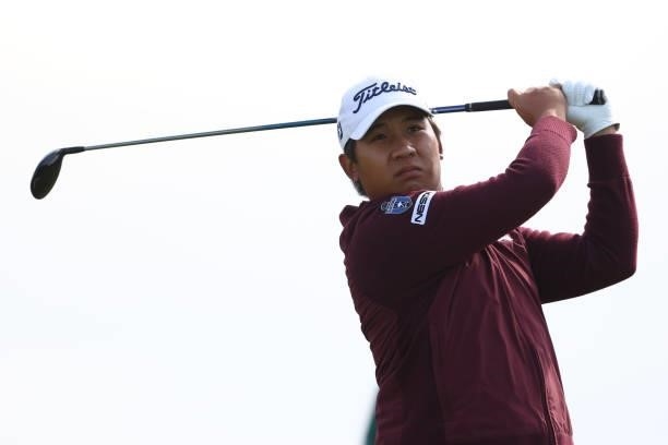 Poom Saksansin of Thailand tees off on the 5th hole during Day One of The 149th Open at Royal St George’s Golf Club on July 15, 2021 in Sandwich,...