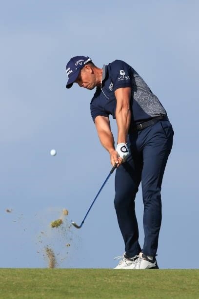 Henrik Stenson of Sweden plays his second shot on the 8th hole during Day One of The 149th Open at Royal St George’s Golf Club on July 15, 2021 in...