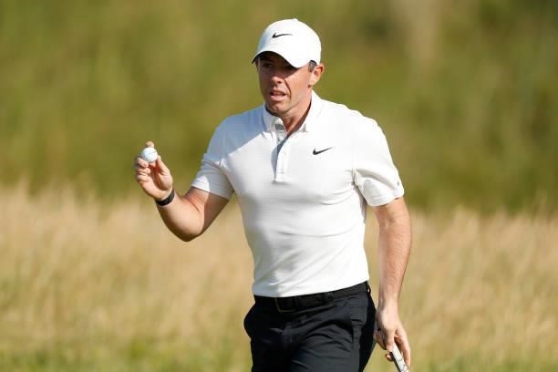 Rory McIlroy of Northern Ireland reacts on the green of the eighth hole during Day One of The 149th Open at Royal St George’s Golf Club on July 15,...