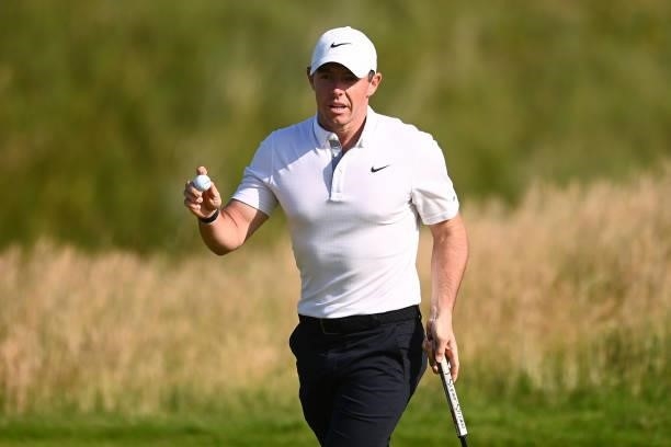 Rory McIlroy of Northern Ireland acknowledges the crowd on the 8th green during Day One of The 149th Open at Royal St George’s Golf Club on July 15,...