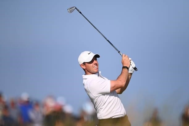 Rory McIlroy of Northern Ireland plays his second shot on the 8th hole during Day One of The 149th Open at Royal St George’s Golf Club on July 15,...