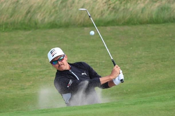 Rickie Fowler of The United States plays his second shot on the 6th hole during Day One of The 149th Open at Royal St George’s Golf Club on July 15,...