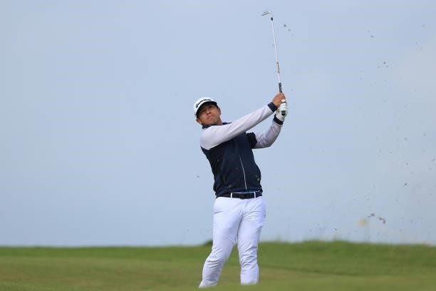 Kurt Kitayama of The United States plays his second shot on the 8th hole during Day One of The 149th Open at Royal St George’s Golf Club on July 15,...