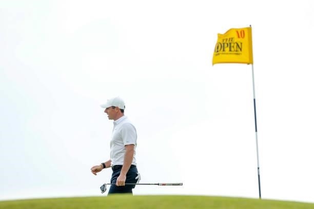 Rory McIlroy of Northern Ireland looks on from the green of the tenth hole during Day One of The 149th Open at Royal St George’s Golf Club on July...