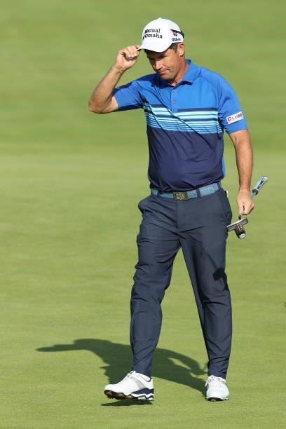 Padraig Harrington of Ireland acknowledges the crowd on the 18th green during Day One of The 149th Open at Royal St George’s Golf Club on July 15,...