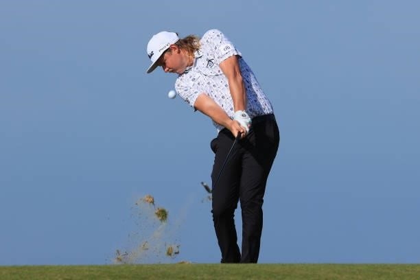 Cameron Smith of Australia plays his second shot on the 8th hole during Day One of The 149th Open at Royal St George’s Golf Club on July 15, 2021 in...