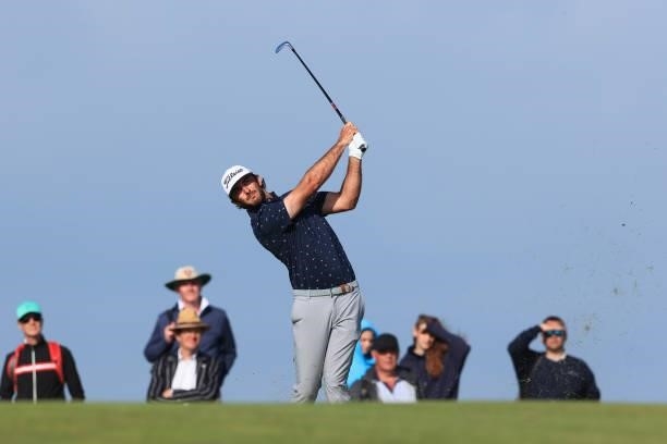 Max Homa of The United States plays his second shot on the 8th hole during Day One of The 149th Open at Royal St George’s Golf Club on July 15, 2021...