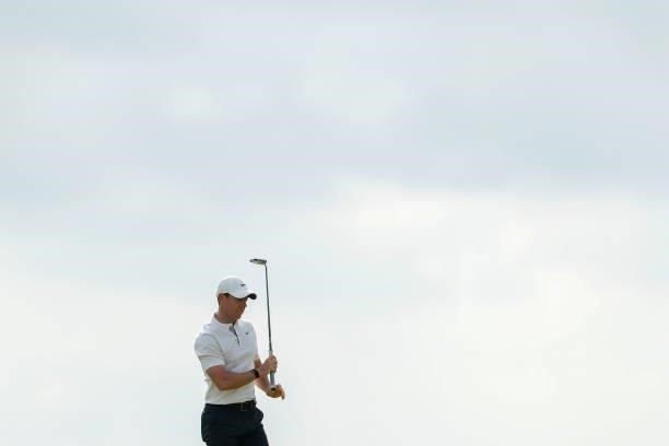 Rory McIlroy of Northern Ireland reacts on the tenth hole during Day One of The 149th Open at Royal St George’s Golf Club on July 15, 2021 in...