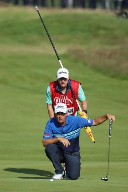 Padraig Harrington of Ireland lines up a putt on the 18th green during Day One of The 149th Open at Royal St George’s Golf Club on July 15, 2021 in...