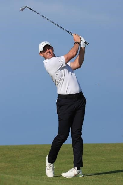 Rory McIlroy of Northern Ireland plays his second shot on the 8th hole during Day One of The 149th Open at Royal St George’s Golf Club on July 15,...