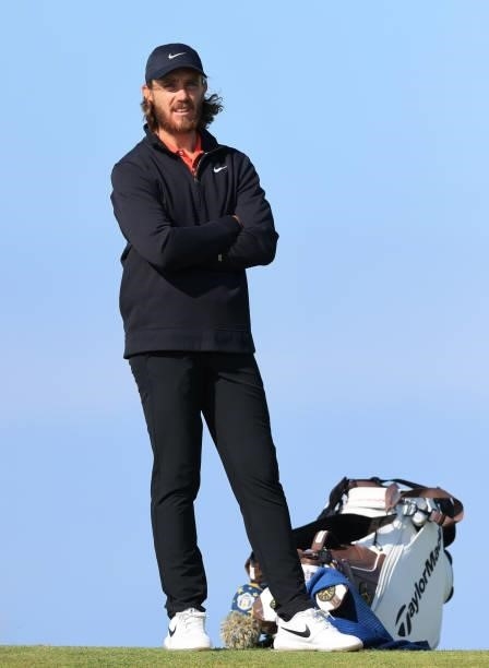 Tommy Fleetwood of England looks on during Day One of The 149th Open at Royal St George’s Golf Club on July 15, 2021 in Sandwich, England.