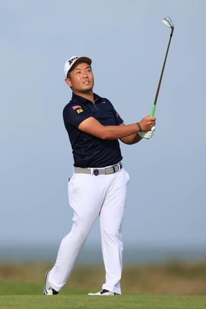 Yuki Inamori of Japan plays his second shot on the 8th hole during Day One of The 149th Open at Royal St George’s Golf Club on July 15, 2021 in...