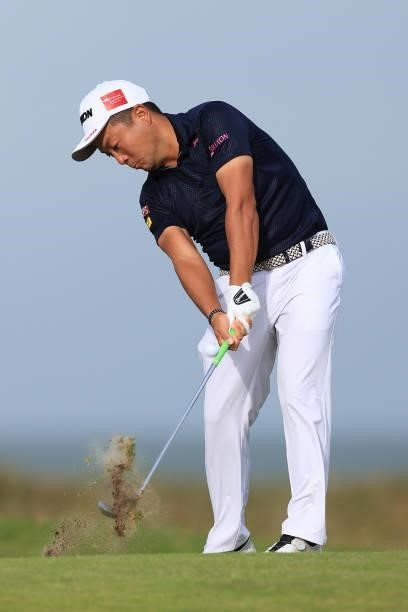 Yuki Inamori of Japan plays his second shot on the 8th hole during Day One of The 149th Open at Royal St George’s Golf Club on July 15, 2021 in...