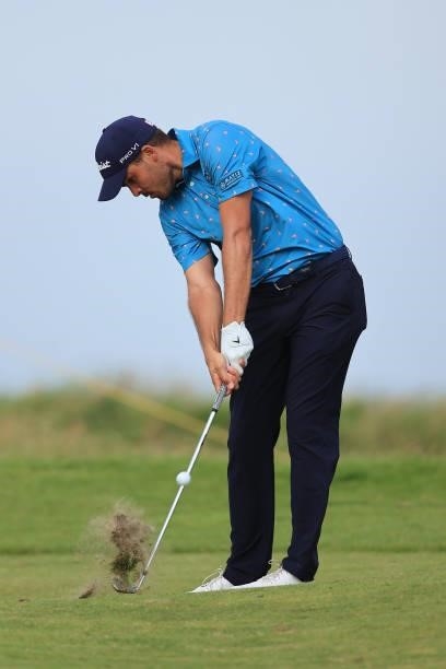 Ricardo Celia of Colombia plays his second shot on the 8th hole during Day One of The 149th Open at Royal St George’s Golf Club on July 15, 2021 in...