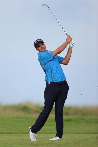 Ricardo Celia of Colombia plays his second shot on the 8th hole during Day One of The 149th Open at Royal St George’s Golf Club on July 15, 2021 in...