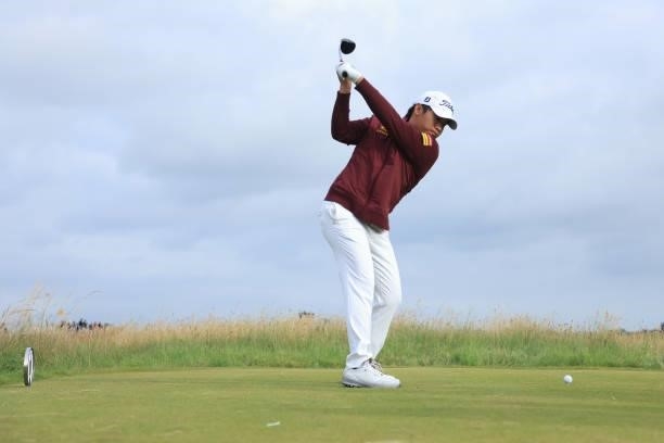 Poom Saksansin of Thailand plays his shot from the tenth tee during Day One of The 149th Open at Royal St George’s Golf Club on July 15, 2021 in...