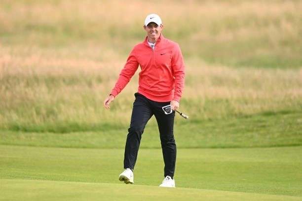 Rory McIlroy of Northern Ireland reacts during Day One of The 149th Open at Royal St George’s Golf Club on July 15, 2021 in Sandwich, England.