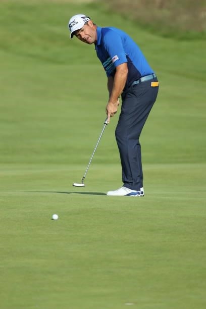 Padraig Harrington of Ireland putts on the 18th green during Day One of The 149th Open at Royal St George’s Golf Club on July 15, 2021 in Sandwich,...