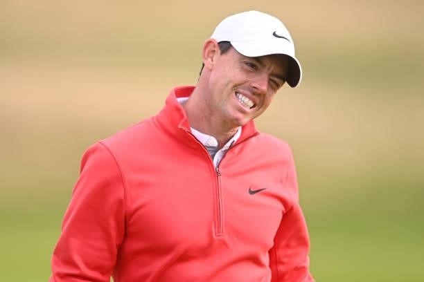 Rory McIlroy of Northern Ireland reacts after a putt on the 11th hole during Day One of The 149th Open at Royal St George’s Golf Club on July 15,...