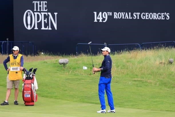 Benjamin Hebert of France putts for birdie on the 18th green during Day One of The 149th Open at Royal St George’s Golf Club on July 15, 2021 in...
