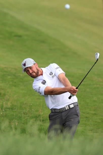Nicholas Poppleton of England plays his second shot on the 9th hole during Day One of The 149th Open at Royal St George’s Golf Club on July 15, 2021...