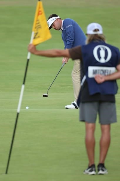 Keith Mitchell of The United States putts on the 18th green during Day One of The 149th Open at Royal St George’s Golf Club on July 15, 2021 in...