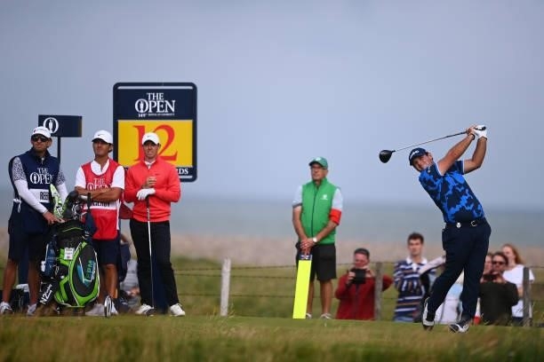 Patrick Reed of The United States tees off on the 12th hole during Day One of The 149th Open at Royal St George’s Golf Club on July 15, 2021 in...