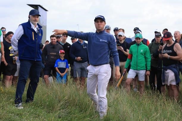 Justin Thomas of United States prepares to play his second shot on the 12th hole during Day One of The 149th Open at Royal St George’s Golf Club on...